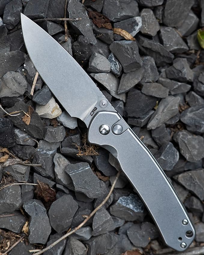 CJRB Folding Knife Pyrite (J1925) AR-RPM9 Balde and Stainless Steel Handle Button Lock EDC Pocket Knife with Clip Silver
