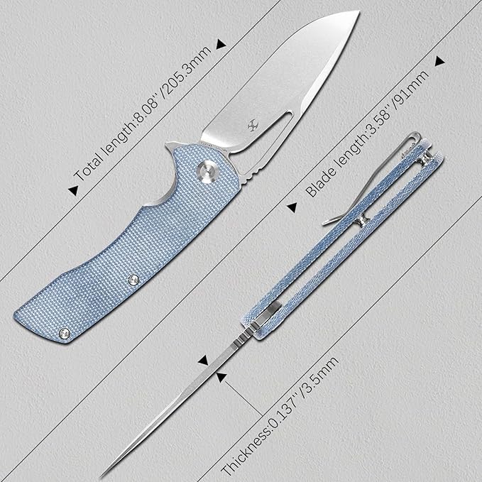 KANSEPT Kryo Pocket Knife 8.08in Folding Knives with 3.58in12C28N Steel Drop Point Blade and Blue Micarta Handle for Outdoor, Tactical, Survival and EDC T1001M3