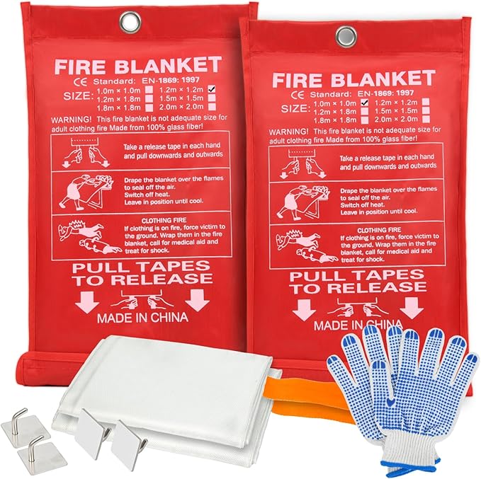 Home Emergency Fire Blankets, (47.2 * 47.2/39.3 * 39.3??Tow Mix Size) 2PACK Fire Blanket for Kitchen, Fireproof Fiberglass Fire Safety Blanket, Camping, Grill, Car, Warehous.