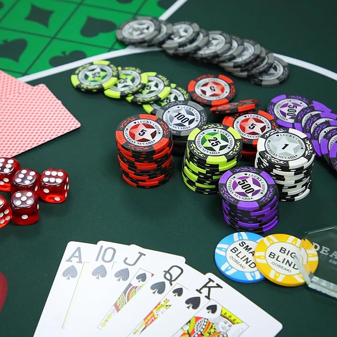 ORIENGEAR Poker Chip Set with Denominations, 300 PCS 14 Gram Clay Composite Casino Chips with ABS Case & 2 Decks of Plastic Cards, for Texas Holdem Blackjack Gambling Games