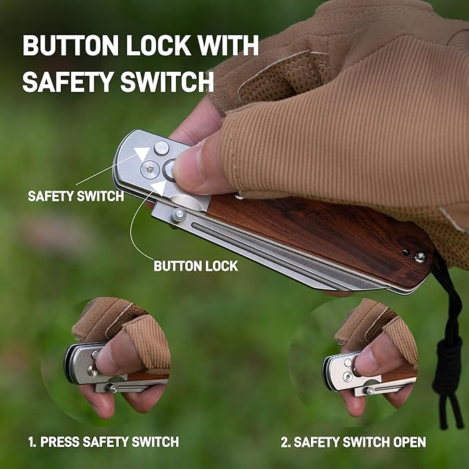 ARTISANCUTLERY Holm Pocket Knife with 3.10'' AR-RPM9 Steel, Handle with Stone Washed Steel and Wood Inlay, Button Lock with Safety Switch Folding Knife for Men, Sharp Camping Survival 1875P Rose Wood