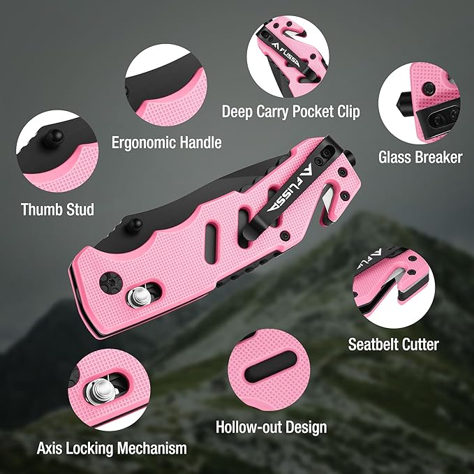 FLISSA Folding Pocket Knife with Clip, Glass Breaker and Seatbelt Cutter, Survival Knife for Emergency Rescue Situations, EDC Knife for Tactical, Hunting, Camping, Outdoor, Unique Gifts for Dad, Father-Pink