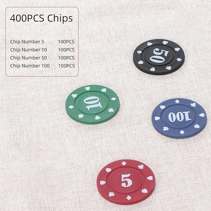 400Pcs Denomination Poker Chips Set,Lightweight Plastic Poker Chip with Numbered Value,Mini Trave Poker Sets with 2 Decks of Premium Playing Cards for Texas Hold?™em, Blackjack,Gambling Card Games