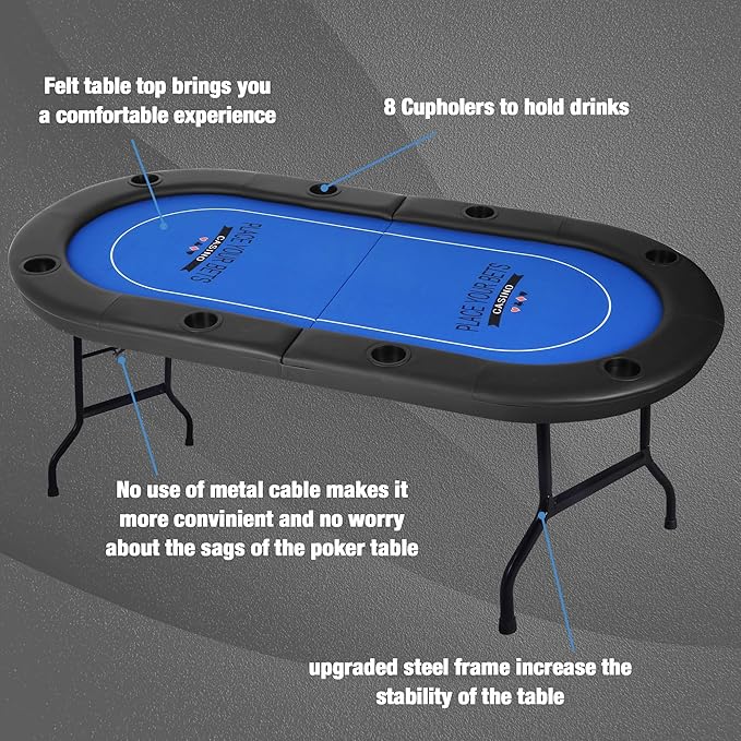 Upgraded 8 Player Poker Table with Plastic Cup Holder, Foldable Texas Hold'em Table, Portable Casino Table with Padded Rails, Blue Felt Surface, for Blackjack Card Game