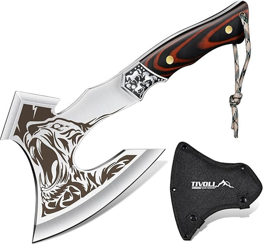 TIVOLI Camping Axe, Tiger - Patterned Survival Hatchet with Nylon Sheath, High Carbon Steel Blade Compact Outdoor Bushcraft Axe with Ergonomic Wood Grip, Camping Gear for Hiking, Chopping, Hunting
