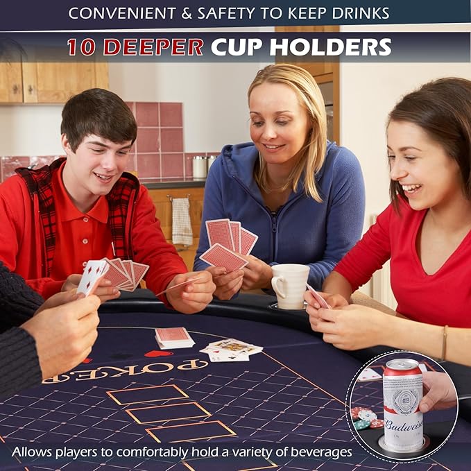Poker Table Foldable, 8/10 Player Folding Poker Tables with Casino Grade Felt, Padded Rails & Cup Holders, Portable Poker Table for Texas Holdem (84 Inch-Black & Navy Blue)