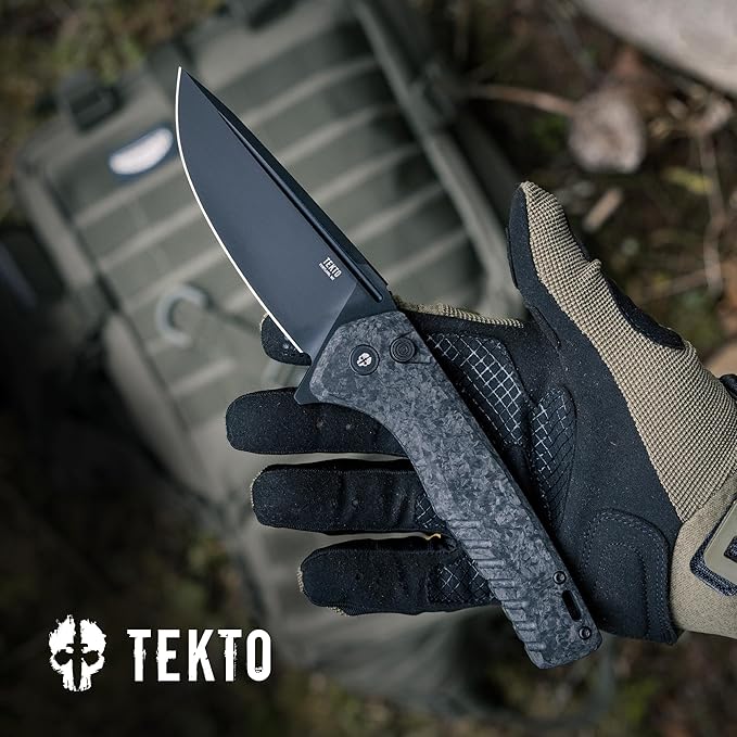 F3 Charlie Button Lock Folding Knife, Oversized Fine Edge Blade, Tactical Forged Carbon G10 Handle - Easy Open Pocket Knife with Titanium Coated D2 Steel & Black Titanium Barrel Spacers