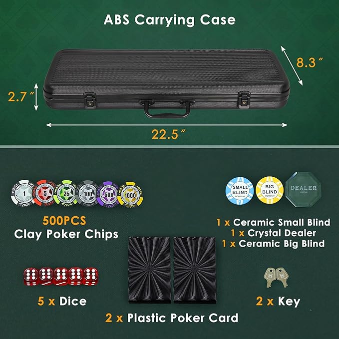 ORIENGEAR Poker Chip Set with Denominations, 500 PCS 14 Gram Clay Composite Casino Chips with ABS Case & 2 Decks of Plastic Cards, for Texas Holdem Blackjack Gambling Games