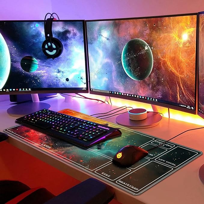 Playmat for MTG with Magic Zones, 24 x 14 inches Game Play Mat for MTG TCG, Trading Card Game Play Mat Desk Mats with Stitched Edges Non-Slip Base, Galaxy Cat
