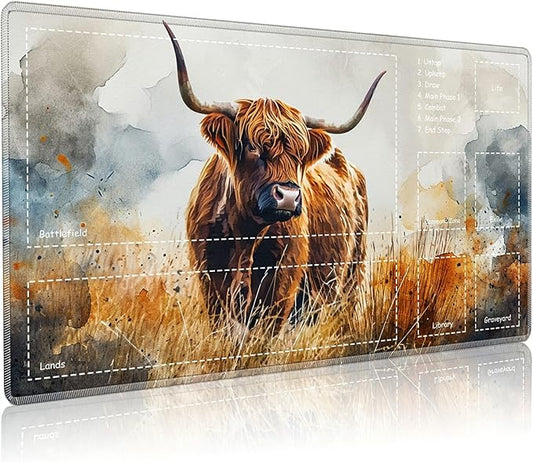 Playmat for MTG with Zones, 24 x 14 inches Game Play Mat for MTG TCG, Trading Card Game Play Mat Desk Mats with Stitched Edges Non-Slip Base, Brown Cow