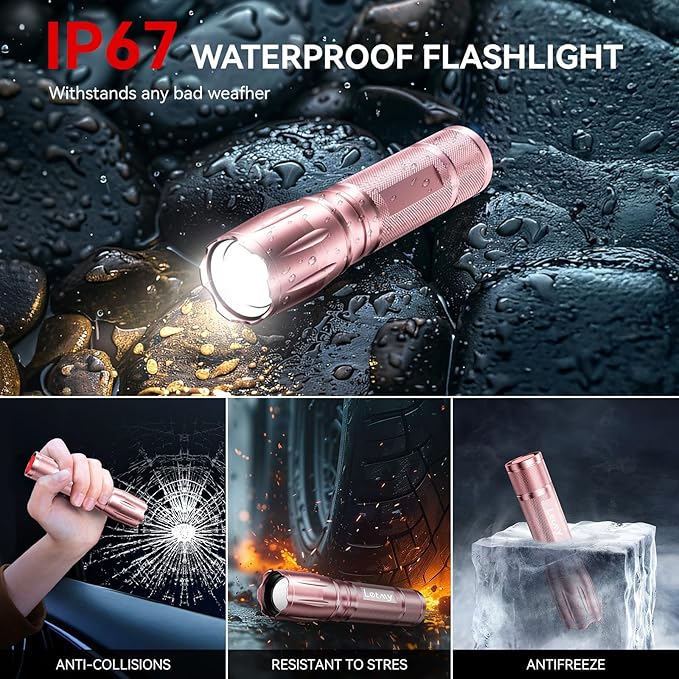 LETMY Tactical Flashlight S2000-2 Pack Bright Military Grade LED Flashlights High Lumens - Portable Handheld Flash Light, 5 Modes Zoomable Waterproof Flashlights for Home Emergency Camping- Pink