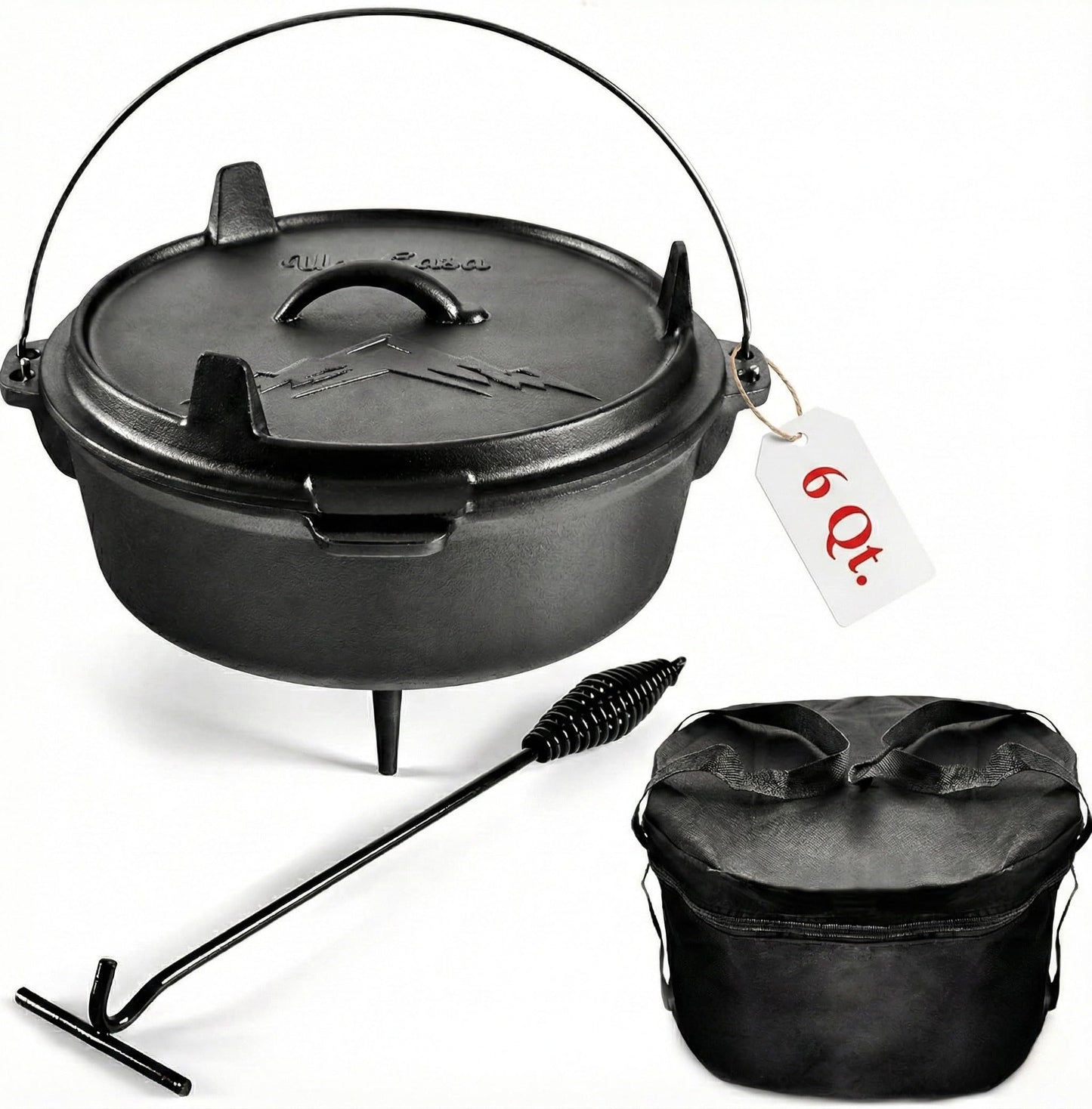 Uno Casa 6Qt Cast Iron Camping Dutch Oven with Lid Lifter and Storage Bag - Pre-Seasoned Outdoor