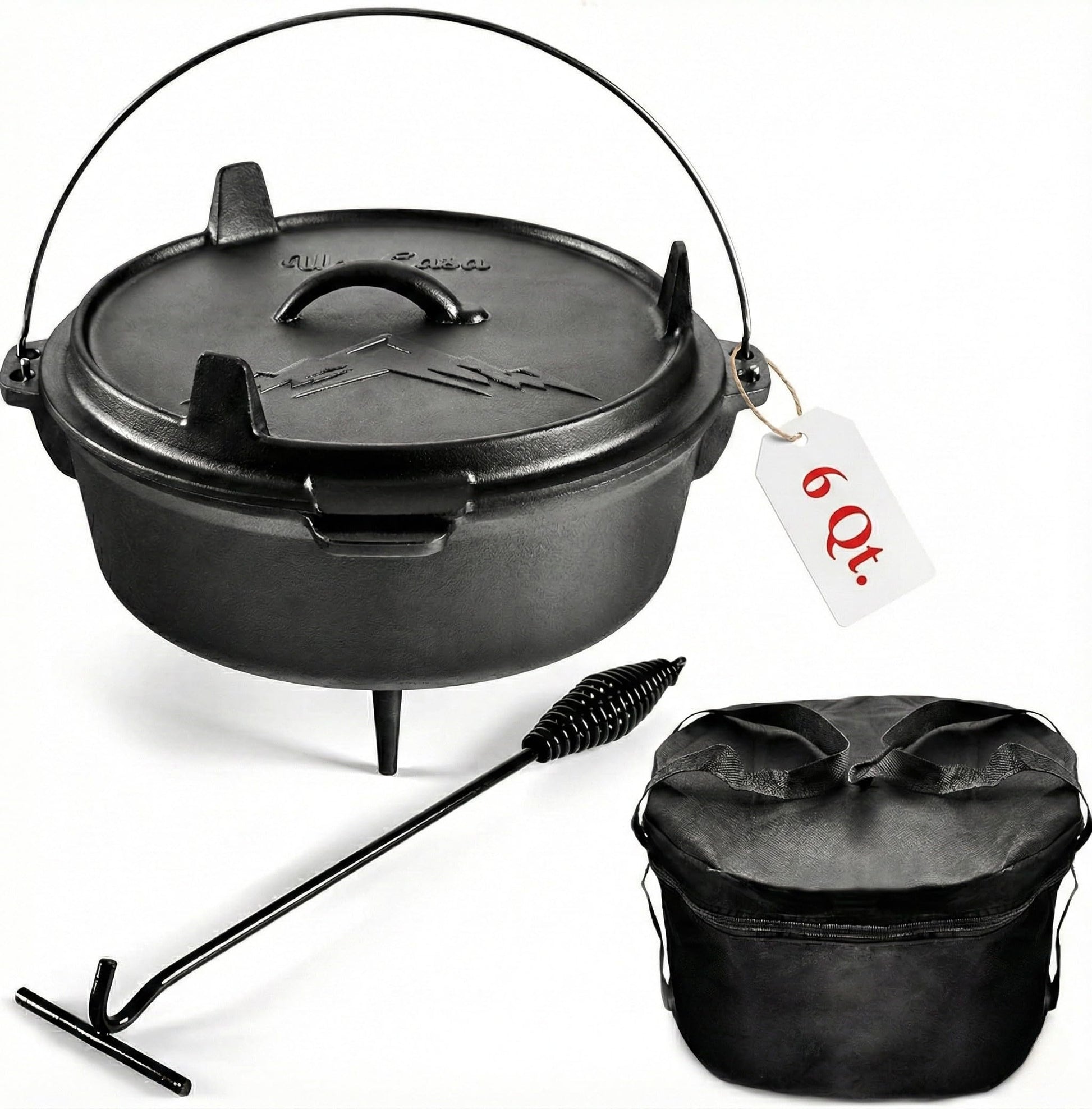 Uno Casa 6Qt Cast Iron Camping Dutch Oven with Lid Lifter and Storage Bag - Pre-Seasoned Outdoor