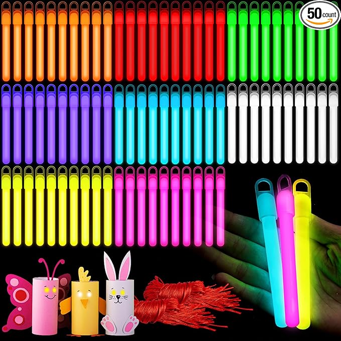 Lewtemi 50 Set 4'' Glow Sticks Bulk, Hallowee Glow in The Dark Party Supplies, Emergency Light Sticks with Lanyard, for Birthday, Light up, Neon, Halloween Theme Party Favors