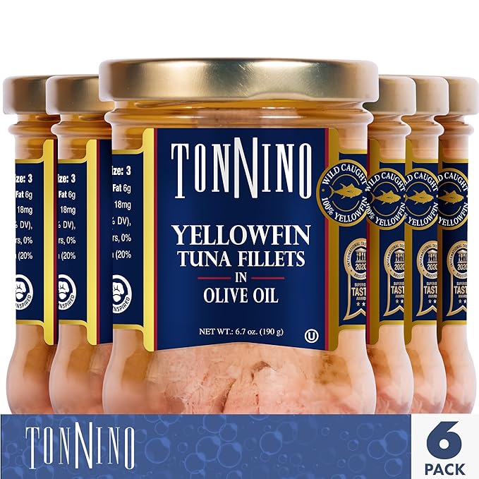 Tonnino Yellowfin Tuna Fish Premium - Olive Oil ??Pack of 6 ??Alternative to Salmon ??Protein Snacks ??Ready to Eat Meals in Glass Jar