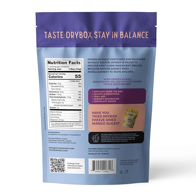 Drybox Freeze Dried Mixed Berries | 100% Natural Fruit | Freeze Dried Berry Source | No Sugar & Additives | Healthy Snack & Topping for Beverages or Recipes | Non-GMO, Vegan, Gluten Free, 0.56 oz 4 pack