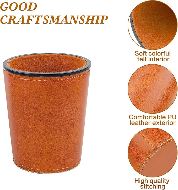 Felt-Lined PU Leather Dice Cup Set, 6 Quiet Dice Shaker Cups with 36 Dices for Bar Party Yahtzee Farkle Games, Brown