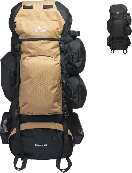 Teton 85L Explorer Internal Frame Backpack for Hiking, Camping, Backpacking, Rain Cover Included, Buck Brown