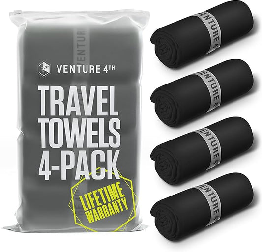 VENTURE 4TH - 4pcs Quick Dry Towels. Microfiber Travel Towels. Lightweight & Fast Drying Travel Towels for Body. Compact & Easy to Pack - 4 Pack Black Medium