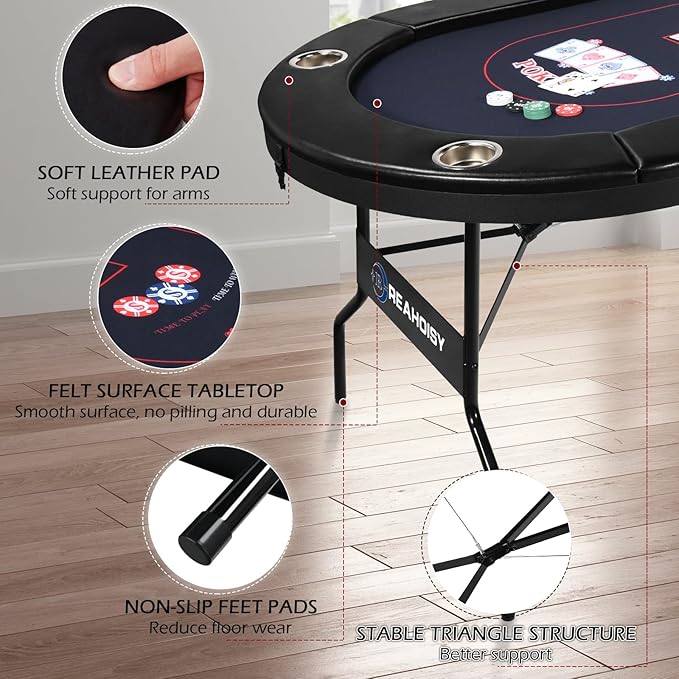 Poker Table Foldable, 8/10 Player Folding Poker Tables with Casino Grade Felt, Padded Rails & Cup Holders, Portable Poker Table for Texas Holdem (72 Inch-Black & Dark Blue)