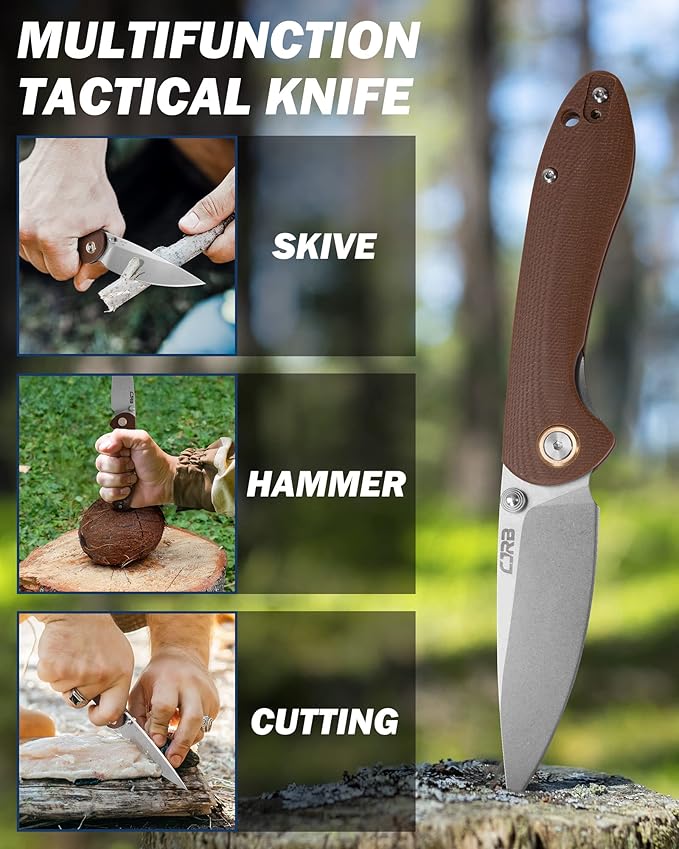 CJRB Folding Knife Feldspar(J1912) Stonewash D2 Steel Balde G10 Tactical Handle Pocket Folding Knife EDC,Brown Handle