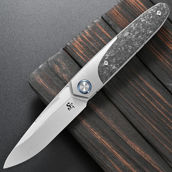 Sitivien ST992 Folding Pocket Knife,Handmade M390 Pearlescent Brushed Steel Blade,Titanium Carbon Fiber Handle EDC Tool Knife for Outdoor Camping,Hiking,Survival,Hunting(Gray) …