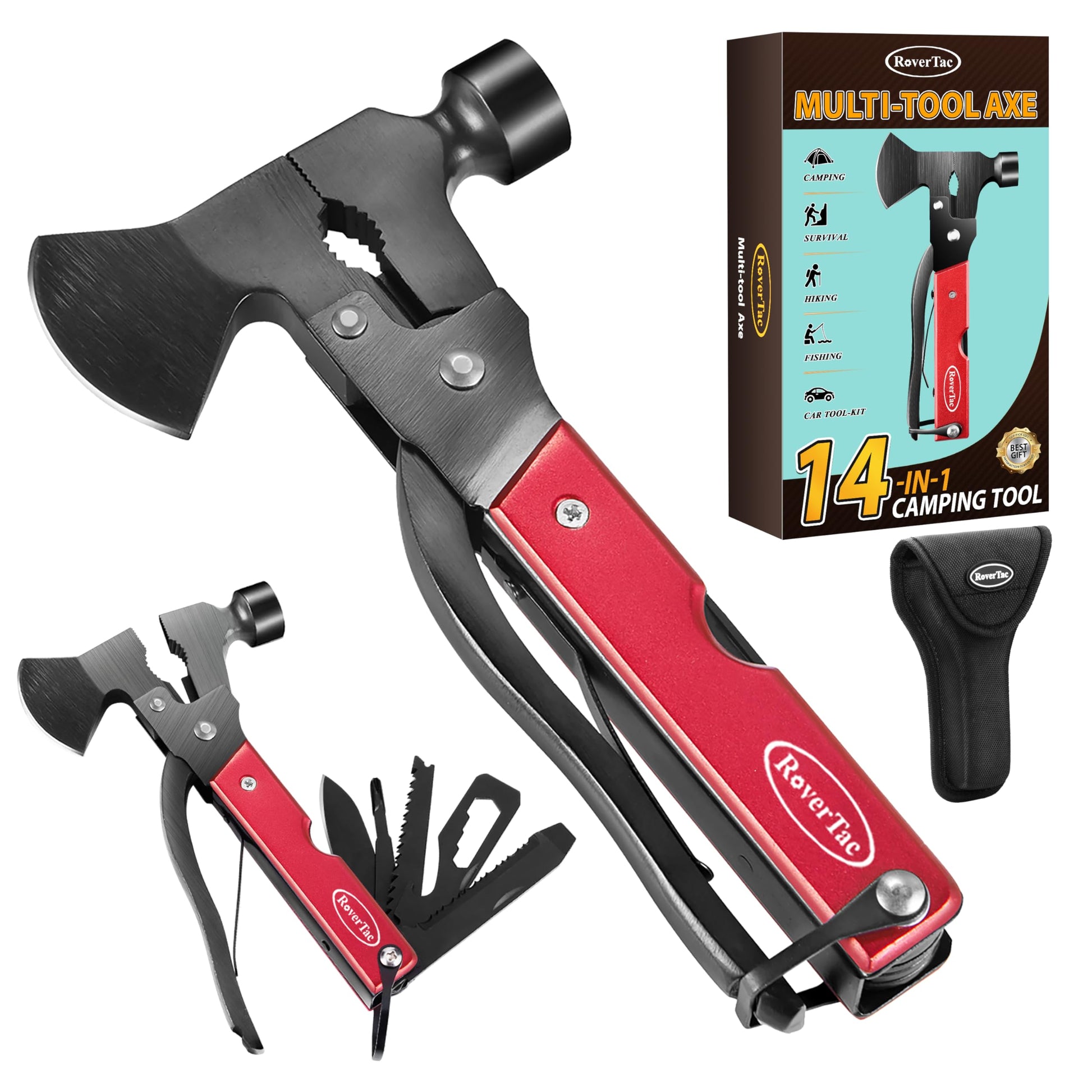 RoverTac 14-in-1 Multitool Camping Axe Hatchet – Essential Camping Gear with Knife, Hammer, Saw