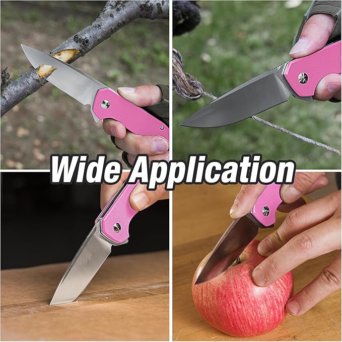 FLISSA Pocket Knife, Folding Tactical Knife with G10 Handle, D2 Blade, Liner Lock, Pocket Clip, EDC Knife for Hiking, Camping, Survival, Indoor and Outdoor Activities(Pink)