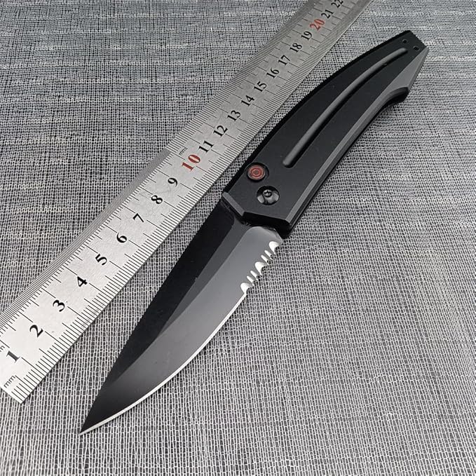 3.31'' D2 Steel Blade Aluminum Handles Speed Safe Botton Fast Opening Folding Knife with Pocket Clip, Camping EDC Tools, Survival Knives, Christmas Gift for Men and Women (Black Serrated Blade)