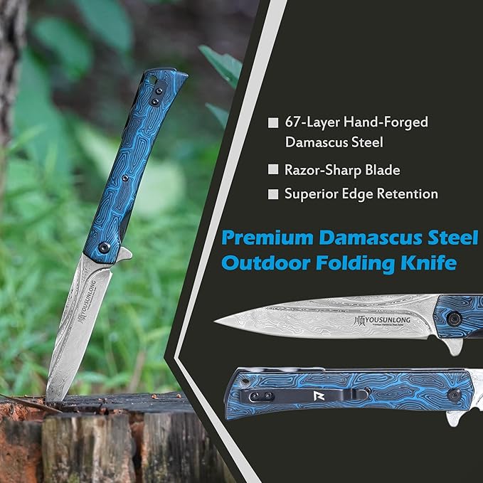 YOUSUNLONG Camping Folding Knife - Hammered Damascus Steel Blade Overall 215mm - Blue Damascus texture G10 Cover