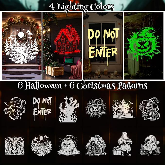 12 in 1 Halloween Projector Outdoor Decoration and Christmas Projector Lights, 2025 Upgraded 3D HD Dynamic Effects 4 Colors with Remote, Waterproof for Window Wall Decor