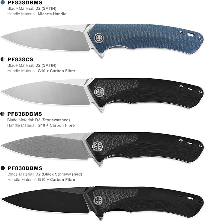 Petrified fish PF838 Folding Knife 3.74" D2 Steel Blade Micarta Handle Pocket Knife for Camping Outdoor EDC (Blue Micarta, Satin)