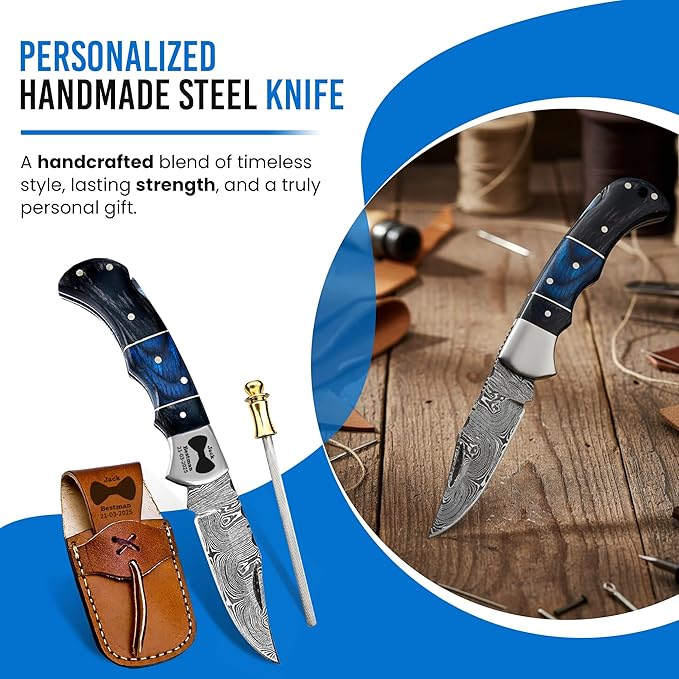 Set of 3 - Personalized Damascus Pocket Knife for Groomsmen -With Leather Sheaths - Custom Engraved Pocket Knives | Groomsman Gifts for Wedding, Groomsmen Proposal Gifts