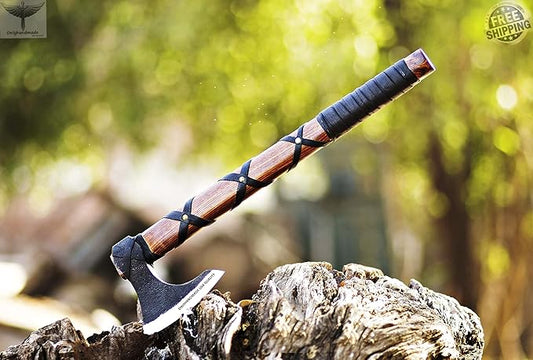 Custom Gift Forged Carbon Steel Viking Axe with Rose Wood Shaft, Viking Bearded Camping Axe & Hatchet, Birthday Gift for Him, Ragnar Axe, axis (Ragnar)