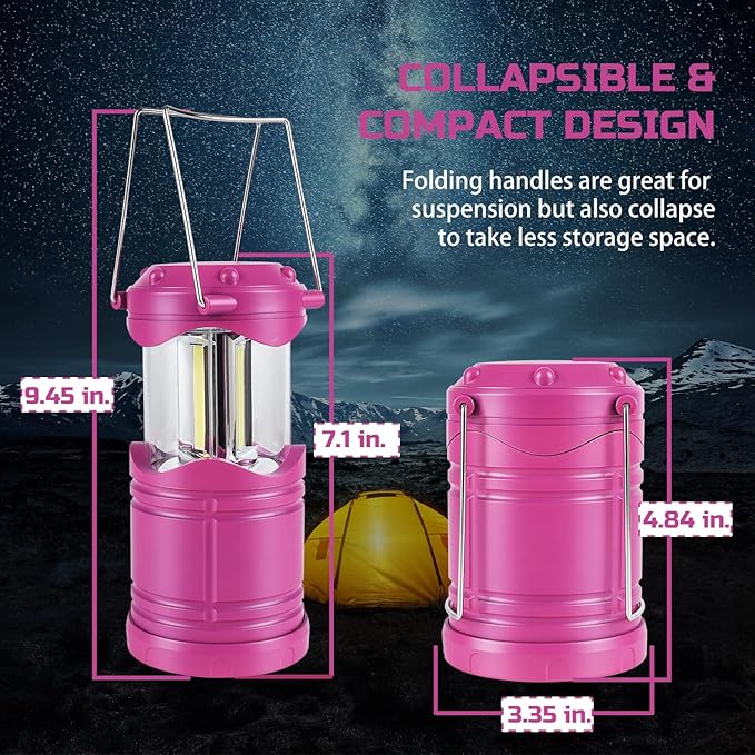 Lichamp LED Camping Lantern, 4 Pack Battery Powered Flashlight for Power Outages, Portable Collapsible Hanging Light Essential for Home, Outdoor, Emergency Lamp Survival Kit Gear for Hurricane, Pink