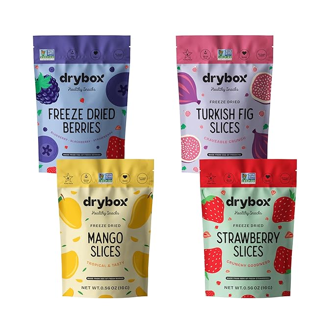 Drybox Freeze Dried Fruits Variety Pack (Strawberry, Mango, Berry Mix, Fig) | 100% Natural Fruit | Freeze Dried Fruit Source | No Sugar & Additives | Healthy Snack & Topping for Beverages or Recipes | Non-GMO, Vegan, Gluten Free, 4 pack