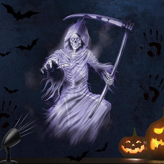 Halloween Projector Lights Outdoor Indoor - 3D Dynamic White Reaper Projector Decorations Lights with Timer, Waterproof Halloween Light for Wall, Window, Ground, Roof, Cemetery, Holiday Decor
