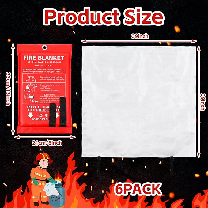 Macarrie 6 Pack 39??x 39??Fire Blanket Emergency for Home and Kitchen Safety Suppression Blanket Fiberglass Fireproof Survival for Fireplace Car Office Camping (Red)