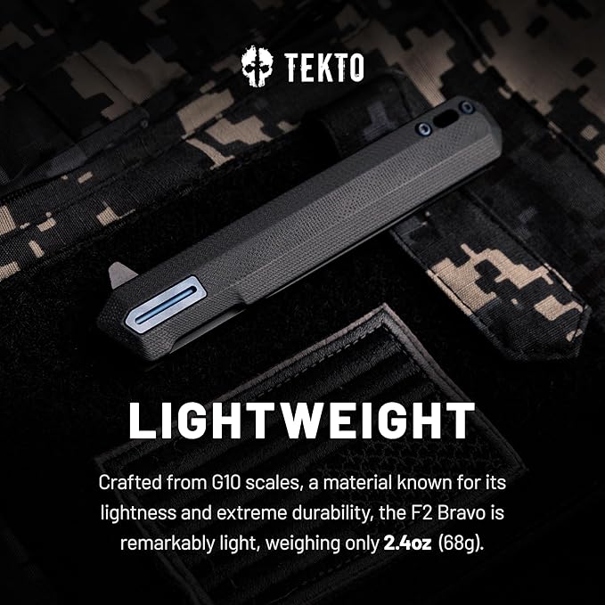 F2 Bravo Folding Pocket Knife - D2 Steel Blade, Ceramic Ball Bearings - EDC - Snap, Swift Flip for Camping, Backpacking - 2.4oz (68g), G10 Black Handle, Blue Titanium Accents