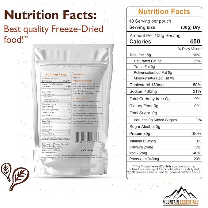 MOUNTAIN ESSENTIALS Freeze-Dried Diced Beef ??Fully Cooked Meat | Pre-Cooked | 240g High Protein Intake | 10 Servings | Ready-to-Eat Meal Prep | Pantry Staples, Daily Meals, Emergency Survival, Camping Food | 7-Year Shelf Life | Made in USA