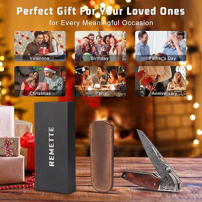 Damascus Pocket Knife, EDC Folding Knife, Titanium Frame Desert Ironwood Handle, Front Flipper and Thumb Stud Open