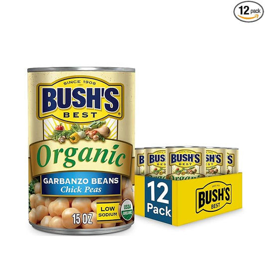 BUSH'S BEST Organic Garbanzo Beans Canned Beans, Organic Chick Peas, USDA Certified Organic, Source of Plant Based Protein and Fiber, Low Fat, Gluten Free (12)