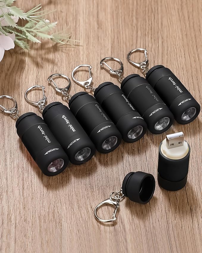Mudder 12 Pieces Mini Keychain Flashlight Rechargeable Operation Christmas Bulk Plastic Small Torch Flashlight Handheld LED USB Rechargeable Waterproof for Camping Hiking Favor(White Light in Black)