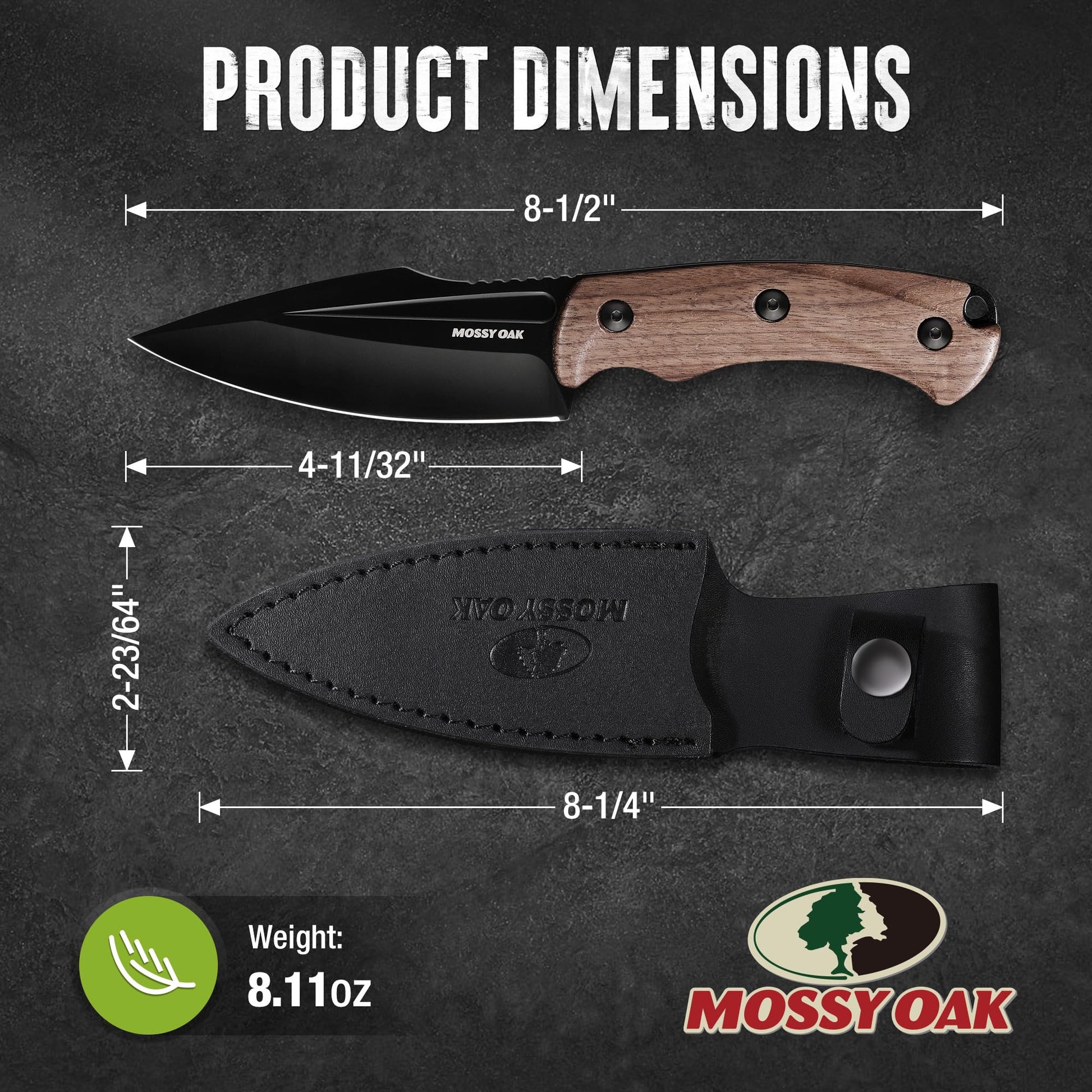 Mossy Oak 8.5" Full-tang Fixed Blade Knife w/Sheath (Wooden Handle-Brown)