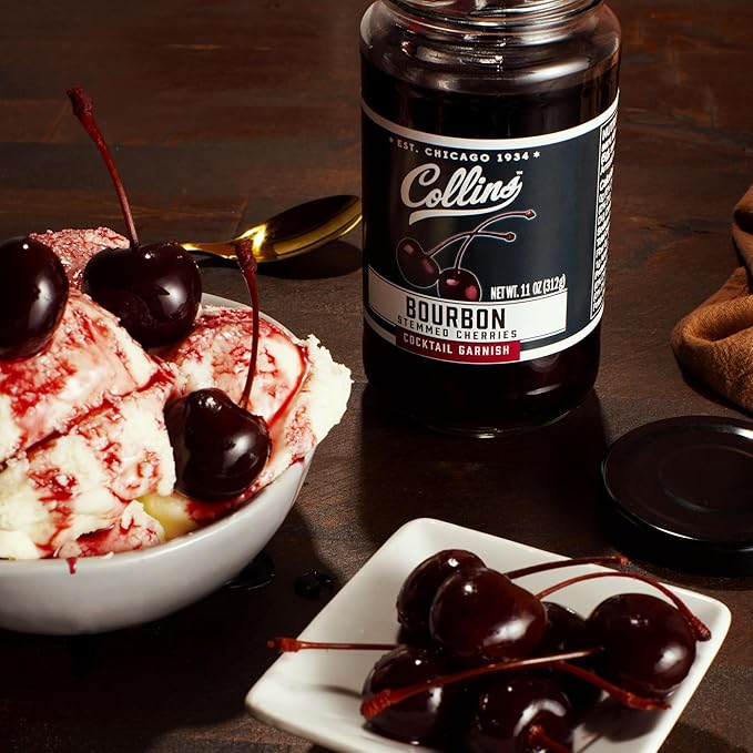 Collins Bourbon Cocktail Cherries - Drinks Garnish for Manhattan or Old Fashioned Cocktails and Desserts, Made with Award Winning Whiskey, Set of 6 11 oz Jars