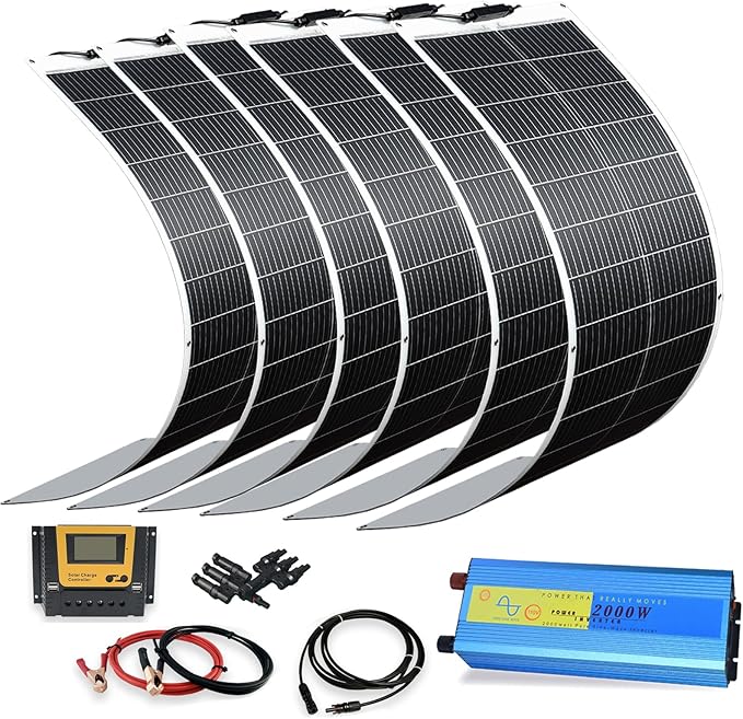 XINPUGUANG 100w 12V Flexible Solar Panels 600W 24V Solar System Kit Monocrystalline Cell Module 45A Controller 2000w Inverter for Off Grid Solar Battery Charger for Home Cabin RV Boat Trailer(600W)
