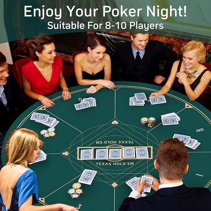 CONTINUE 47 x 47 Inch Poker Table Mat 8 Players Texas Hold'em Poker Mat Professional Poker Mat Anti-Slip Rubber Poker Table Top Layout with Carrying Bag for Poker Games, Blackjack, Casino