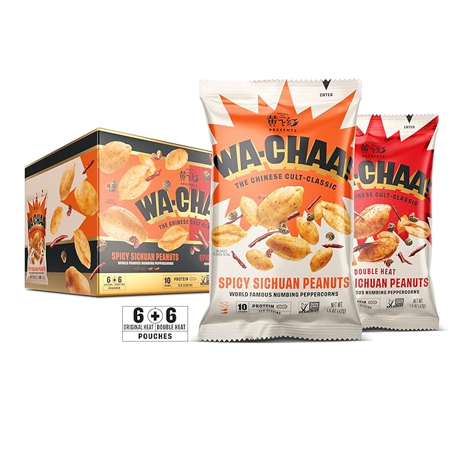 WA-CHAA! Variety Pack Spicy Sichuan Peanuts, Numbing Mala Peppercorns, Toasted Chili Flakes, Protein-Packed, Party Snacks, Non-GMO, On-The-Go Travel Size 1.5 Oz 12 pack (6 Original Heat + 6 Double Heat)