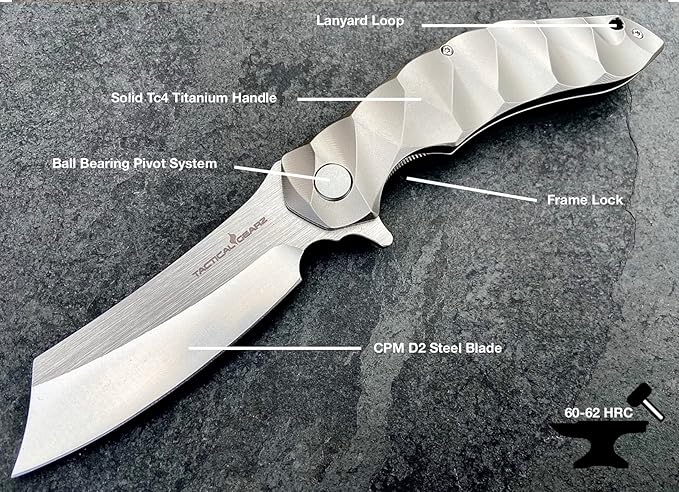 Titanium Pocket Folding Knife, Solid Tc4 Titanium Handle, CPM-D2 Steel DAO Blade, Includes Sheath (Zeus)