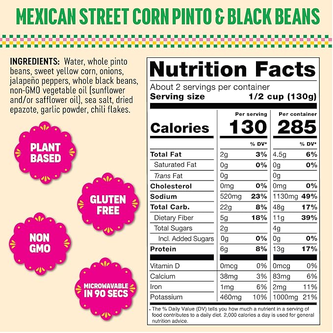 SOMOS Mexican Street Corn Pinto & Black Beans | Gluten Free, Non-GMO, Vegan Ready-to-Eat Microwavable Meals - Healthy & Plant Based Convenience - Perfect for Quick, Healthy Dining | 10oz (Pack of 6)